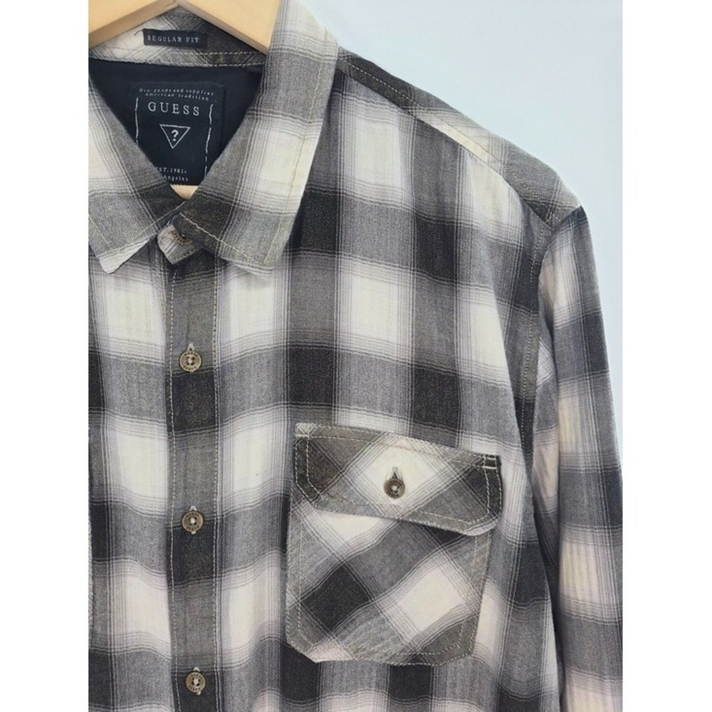GUESS Men's Black‎ Ivory Plaid Shirt XL Button-Up Gold Thread Cotton Long Sleeve